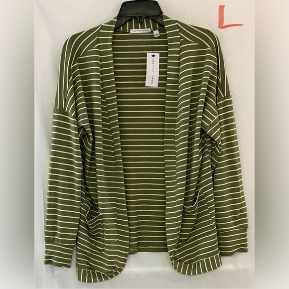 Notations Sweaters - Notations Green and White Striped Women's Cardigan